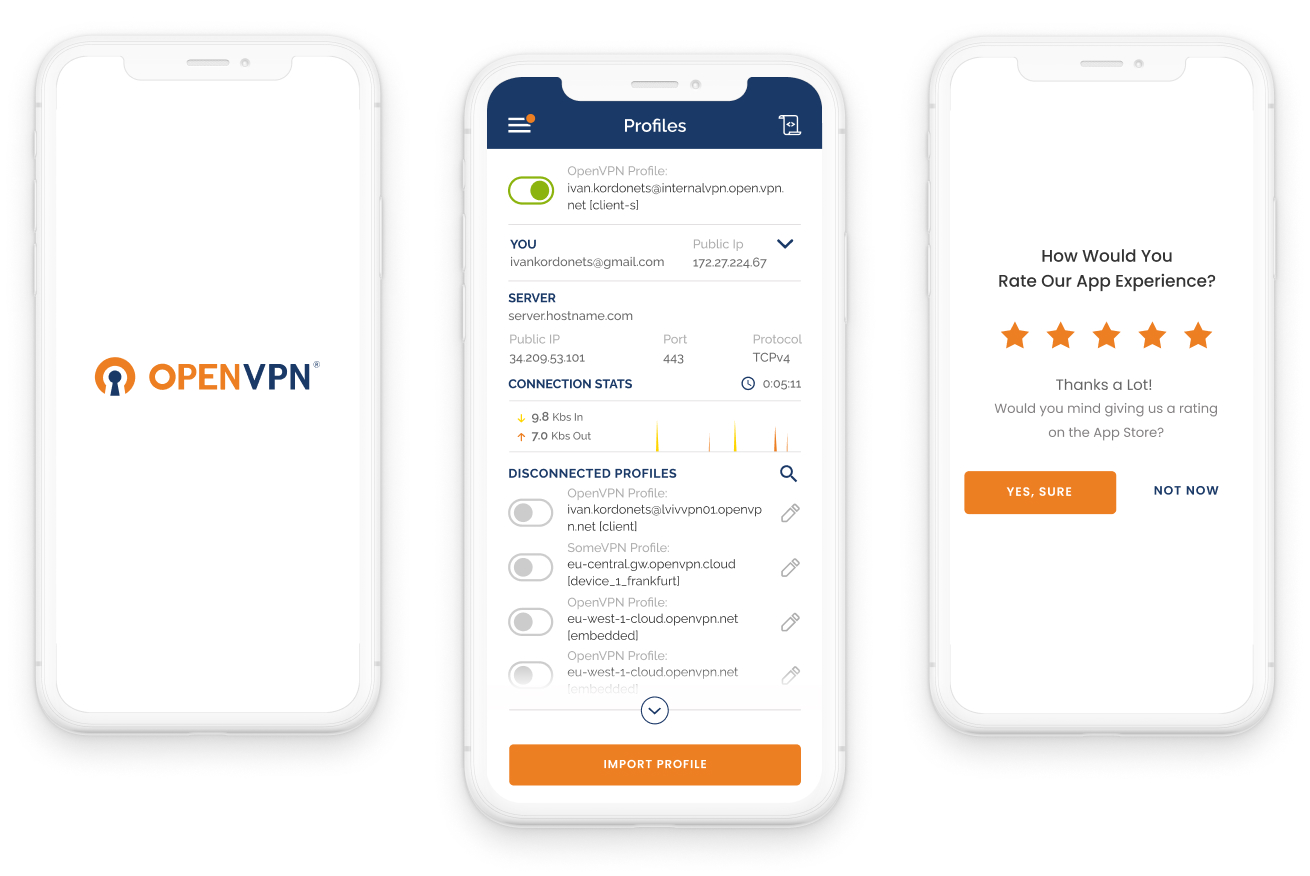 Three phones displaying OpenVPN design